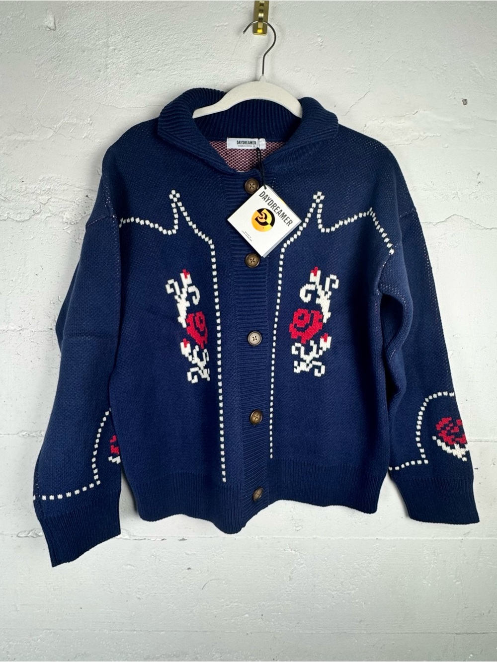 Navy Floral Knit Cardigan Jacket Western Coastal Cowgirl thick Sweater NWT - Picture 2 of 9